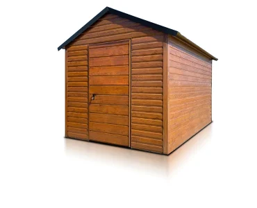 Plechový domček na náradie 2,5x4 m, sedlová strecha, drevodekor