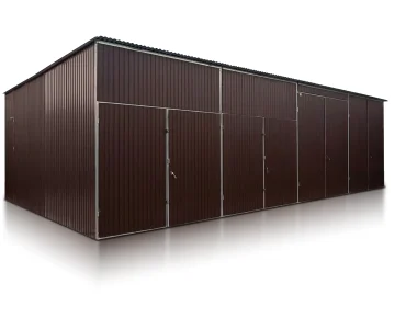 Plechová hala 12x6 m, pultová strecha, dvojkrídlová brána, tmavo hnedá