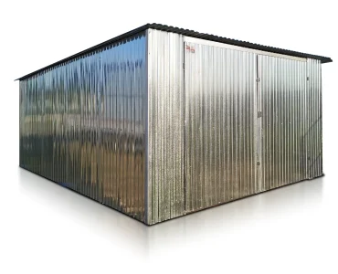 Plechová garáž 5x6 m, pultová strecha, dvojkrídlová brána, zinok
