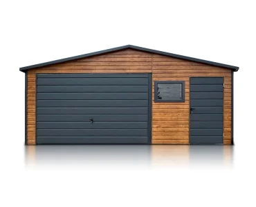 Plechová garáž 6x5 m, sedlová strecha, výklopná brána, drevodekor – Model 2