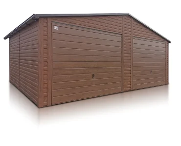 Plechová garáž 7x5 m, pre dve autá, sedlová strecha, výklopná brána, drevodekor – Model 4