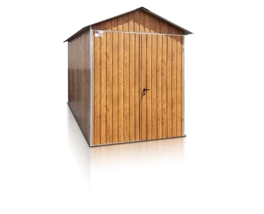 Plechový domček na náradie 2x3 m, sedlová strecha, drevodekor