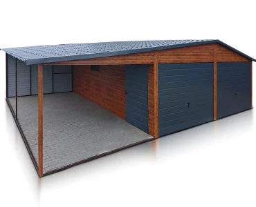 Plechová garáž 6x5 m, pre dve autá, sedlová strecha, výklopná brána, drevodekor – Model 9