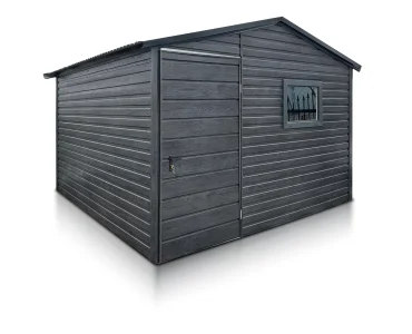 Plechový domček na náradie 3x4,5 m, sedlová strecha, drevodekor