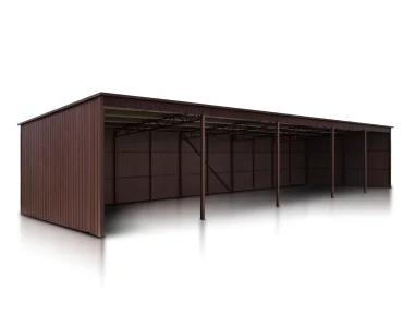 Oceľový prístrešok 25x5 m, pultová strecha, tmavo hnedá