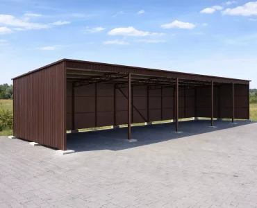 Oceľový prístrešok 25x5 m, pultová strecha, tmavo hnedá