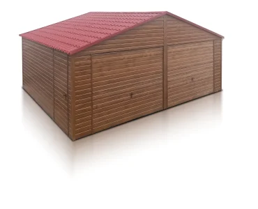 Plechová garáž 7x5 m, pre dve autá, sedlová strecha, výklopná brána, drevodekor – Model 3