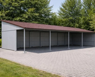 Oceľový prístrešok 20x6 m, pultová strecha, hliník