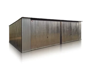 Plechová garáž 7x5 m, pre dve autá, pultová strecha, výklopná brána, zinok