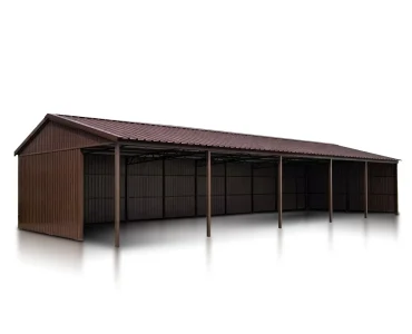 Oceľový prístrešok 30x8 m, sedlová strecha, tmavo hnedá