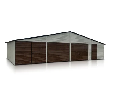 Plechová garáž 12x6 m, pre tri autá, sedlová strecha, výklopná brána, drevodekor biela