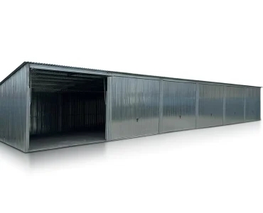 Plechová garáž 18x5 m, pultová strecha, výklopná brána, zinok