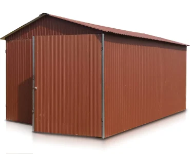 Plechová garáž 3,5x5 m, sedlová strecha, dvojkrídlová brána, tmavo hnedá