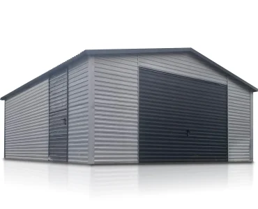 Plechová garáž 6x6 m, sedlová strecha, výklopná brána, hliník
