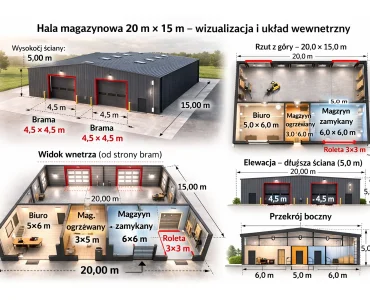 Plechová hala 20x15 m, pultová strecha, sekcionálna brána, grafit