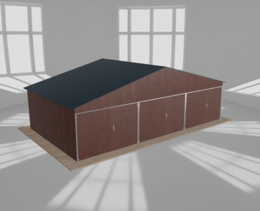 Plechová garáž 9x5 m, pre tri autá, sedlová strecha, drevodekor – Model 2