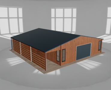 Plechová garáž 8x9,5 m, so skladom a prístreškom, drevodekor