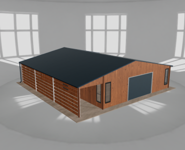 Plechová garáž 8x10 m, so skladom a prístreškom, drevodekor