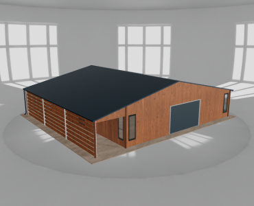 Plechová garáž 10x10 m, so skladom a prístreškom, drevodekor