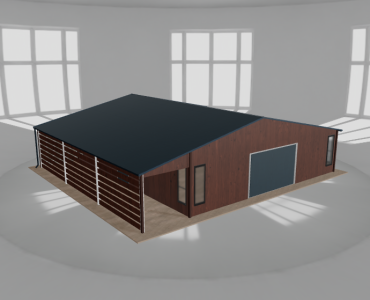 Plechová garáž 9x9,5 m, so skladom a prístreškom, drevodekor