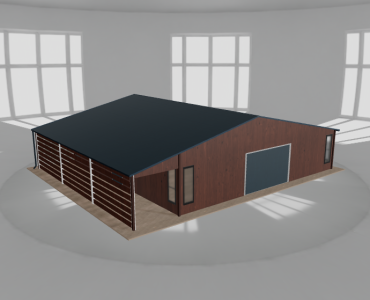 Plechová garáž 10x9,5 m, so skladom a prístreškom, drevodekor