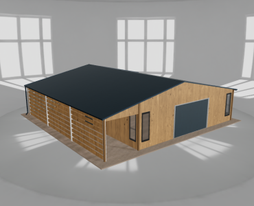 Plechová garáž 8x9,5 m, so skladom a prístreškom, drevodekor