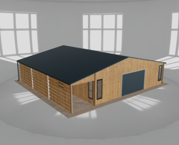 Plechová garáž 8,5x9,5 m, so skladom a prístreškom, drevodekor