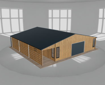 Plechová garáž 9x10 m, so skladom a prístreškom, drevodekor
