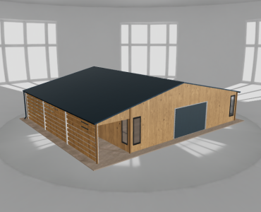 Plechová garáž 9,5x9,5 m, so skladom a prístreškom, drevodekor