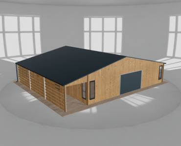 Plechová garáž 10x9,5 m, so skladom a prístreškom, drevodekor