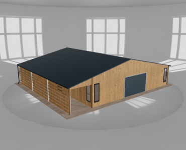 Plechová garáž 10x10 m, so skladom a prístreškom, drevodekor