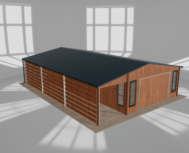 Plechová garáž 5x9,5 m, so skladom a prístreškom, drevodekor – Model 2