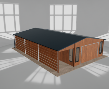 Plechová garáž 5x10 m, so skladom a prístreškom, drevodekor – Model 2