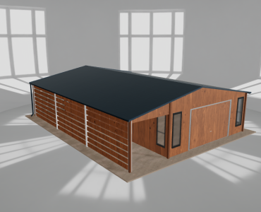 Plechová garáž 5,5x9,5 m, so skladom a prístreškom, drevodekor – Model 2
