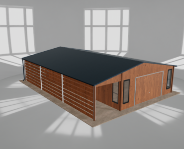 Plechová garáž 5,5x10 m, so skladom a prístreškom, drevodekor – Model 2