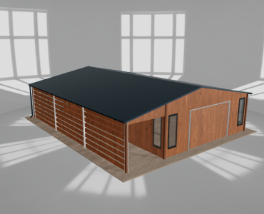 Plechová garáž 6x9,5 m, so skladom a prístreškom, drevodekor – Model 2