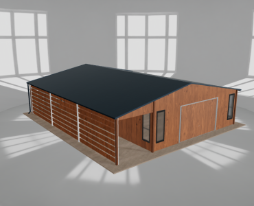 Plechová garáž 6,5x9,5 m, so skladom a prístreškom, drevodekor – Model 2