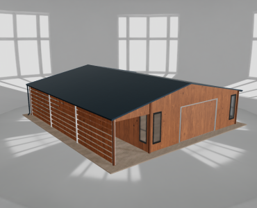 Plechová garáž 7x9,5 m, so skladom a prístreškom, drevodekor – Model 2