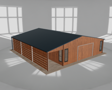 Plechová garáž 7,5x9,5 m, so skladom a prístreškom, drevodekor – Model 2