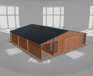 Plechová garáž 7,5x10 m, so skladom a prístreškom, drevodekor – Model 2