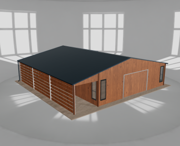 Plechová garáž 8x9,5 m, so skladom a prístreškom, drevodekor – Model 2