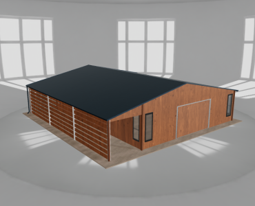 Plechová garáž 8x10 m, so skladom a prístreškom, drevodekor – Model 2