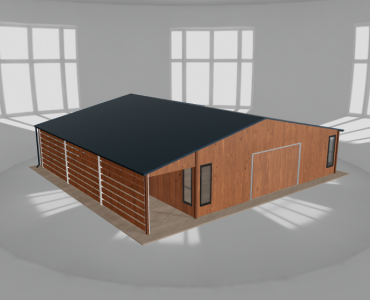 Plechová garáž 8,5x9,5 m, so skladom a prístreškom, drevodekor – Model 2