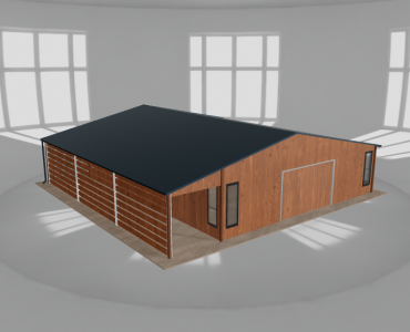 Plechová garáž 8,5x10 m, so skladom a prístreškom, drevodekor – Model 2