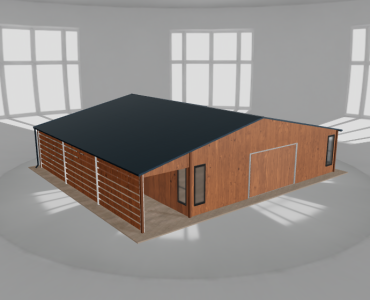 Plechová garáž 9x9,5 m, so skladom a prístreškom, drevodekor – Model 2
