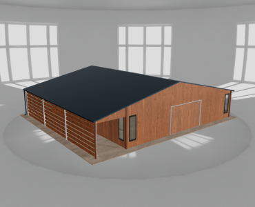 Plechová garáž 10x10 m, so skladom a prístreškom, drevodekor – Model 2
