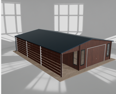 Plechová garáž 5x9,5 m, so skladom a prístreškom, drevodekor – Model 2