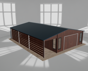 Plechová garáž 5,5x9,5 m, so skladom a prístreškom, drevodekor – Model 2