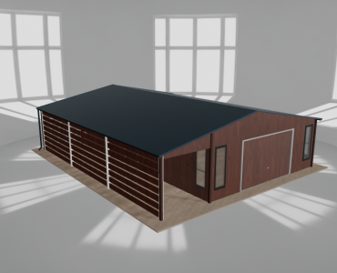 Plechová garáž 6x9,5 m, so skladom a prístreškom, drevodekor – Model 2