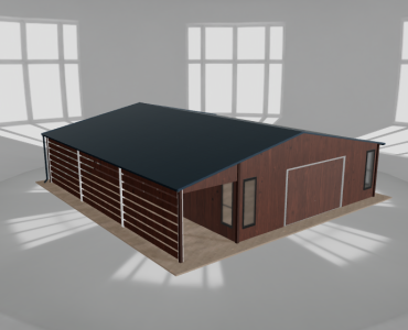 Plechová garáž 7x9,5 m, so skladom a prístreškom, drevodekor – Model 2